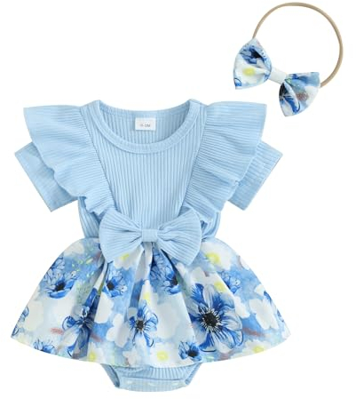 Zukmuk Mädchen 2 Stück Kleid Zeremonie Romper Neugeborene aus Baumwolle Strampler Ärmel Fliegen + Bowknot Stirnband Elegante Tunika für Taufe Sommer, blau, 0-3 Monate