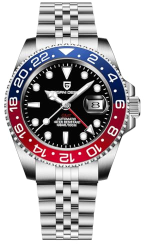 Pagani Design GMT Automatic Mechanical Men's Watch Rotating Ceramic Bezel Stainless Steel Watch with Date Function Men's Sport (Steel Belt Blue Red-5)