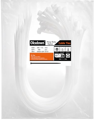 Oksdown 100 Pack White Plastic Cable Ties 500mm×7.6mm Strong Nylon Heavy Duty Self Locking 20 inch/50 cm Long Zip Tie Wraps