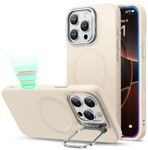 ESR for iPhone 16 Pro Case, Silicone Case with Stand, Compatible with MagSafe, Military-Grade Protection, Built-In Camera Stash Stand, Magnetic Phone Case for iPhone 16 Pro, Cloud Series, Light Tan