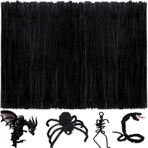 Daover 200 PCS Pipe Cleaners, Black Pipe Cleaners for Craft Supplies, Chenille Stems for DIY Arts Crafts Project Creative Home Decoration for Halloween (Black)