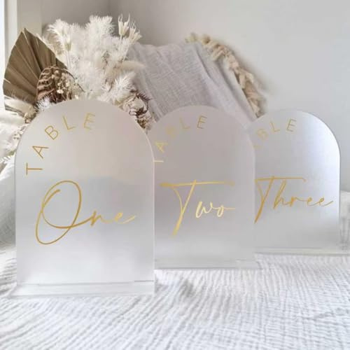 JINMURY Frosted Arch Wedding Table Numbers 1-10 with Stands, 5x7 Inch Acrylic Arch Sign with Golden Lettering, Frosted and Gold Table Numbers for Wedding Reception
