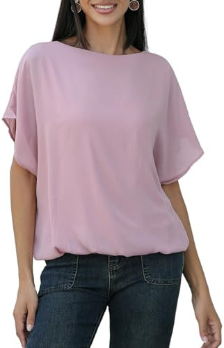 MGizo DtiSpectrum Chiffonbluse Für Damen – Elegante Tunika Aus Zweilagigem Gazestoff Mit Kurzen Fledermausärmeln und Dehnbarem Futter, Transparentes Tüllhemd Mit Rundhalsausschnitt