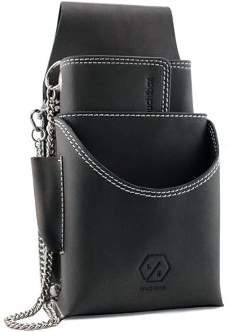 LEUCHTBOX Profi-Kellner-Set Kellnergeldbörse mit Holster-Tasche Kellner-Portemonnaie mit Gürtel-Halfter und Metall-Kette Doppelte Nähte Echtleder (Anthrazit)