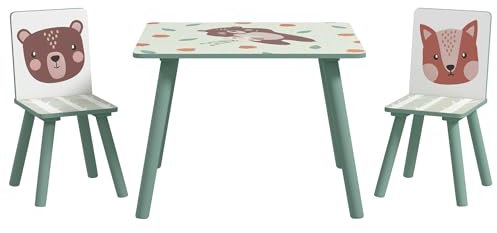 ZONEKIZ Kindertisch mit 2 Stühlen 3-teilig Kindersitzgruppe mit Tiermotiv, Kinder Tisch Stuhl Set Kindermöbel Sitzgruppe für Kinderzimmer, für 3-8 Jahren Kinder, Grün