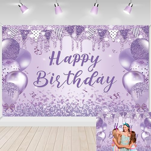 Toile de fond violette « Happy Birthday » avec ballons brillants violets et argentés pour photographie de filles et femmes, décoration de fête d'anniversaire (210 x 150 cm)