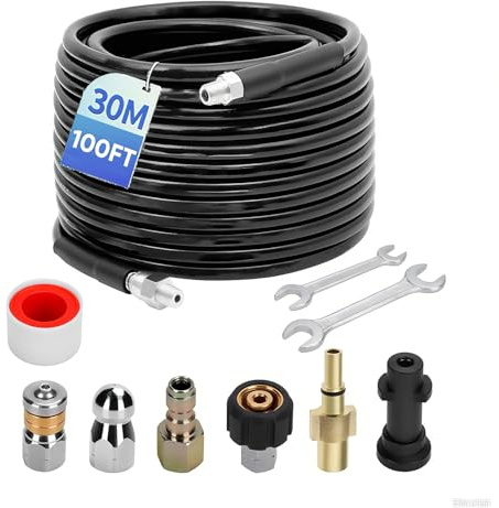 30M Drain Unblocker Kit, High Pressure Washer Drain Cleaner Hose 5800PSI, Sewer Jetter Kit with Rotating Nozzle for Karcher K2-K7 Bosch, Flexible Drain Rods Alternative for Blocked Pipes Patios