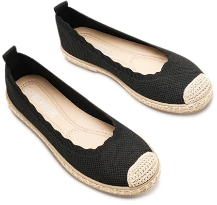 GLAMORA Alpargatas Mujer de Punto Transpirable con Suela de Goma Efecto Esparto, Zapatos Planos Tipo Bailarinas Manoletinas Cómodas Slip On, Alpargatas Mujer Ligeras Punta Redonda black-39