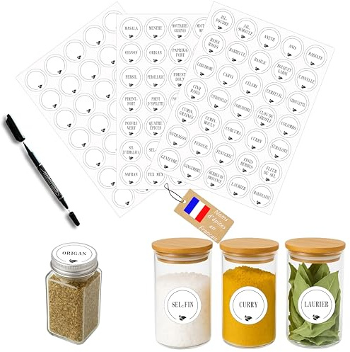 Étiquettes Épices Français Rondes Blanches – 105 Stickers Autocollants Ø38 mm – Marqueur Noir Inclus – Étanches, Lavables et Lisibles – Pour Bocaux Cuisine et Garde-Manger – Kistayle