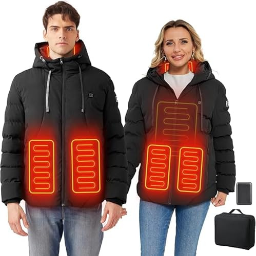 Chaqueta Calefactable con Capucha, Hombres Ropa Abrigada de Invierno Mujeres Abrigos Impermeables con 10000 mAh 3 Niveles de Calefacción y 4 Zonas Calefactables para Actividades al Aire Libre