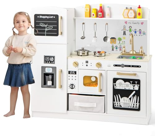 HOMASIS Cuisine en Bois pour Enfants avec Micro-Ondes éclairé | Cuisinette enfant avec cuisinière, four, évier, machine à glaçons, tableau acrylique, 8 accessoires et paniers