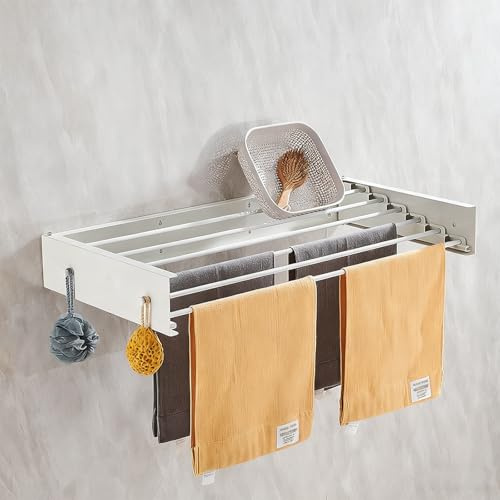 TWSOUL Stendibiancheria da parete con 4 aste, da 50 cm, allungabile, pieghevole, in acciaio al carbonio, salvaspazio, per bagno, balcone, terrazza (bianco con gancio)