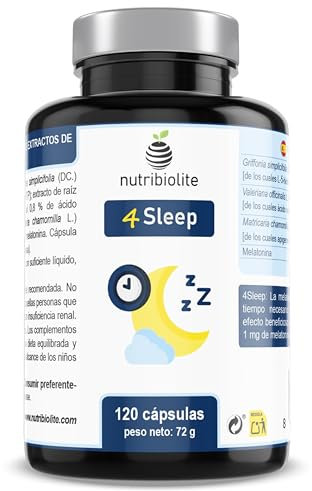 Complesso di Melatonina con 5-HTP Griffonia, Valeriana e Camomilla – 120 Capsule Vegane | Integratore Naturale per Dormire Meglio, Ridurre l’Insonnia, lo Stress e il Jet Lag – 4Sleep Nutribiolite