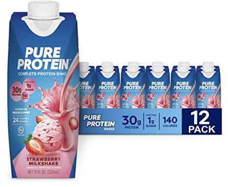 Pure Protein Strawberry Protein Shake, 30g Complete Protein, Ready to Drink and Keto-Friendly, Vitamins A, C, D, and E plus Zinc to Support Immune Health, 11oz Bottles, 12 Pack