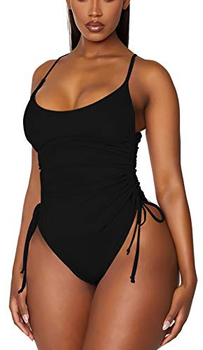 Viottiset Women's Ruched Drawstring One Piece Swimsuit Tummy Control Cheeky Bathing Suit Black Medium