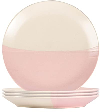 4x Dusty Pink 20.5cm Dipped Stoneware Plates - Microwave Safe Rustic Ceramic Porcelain Kitchen Serving Tableware Dish Set - by Nicola Spring