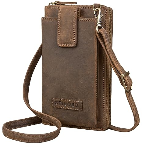 STILORD 'Nelly' Geldbörse mit Handyfach Leder 3-in-1 Handytasche Umhängetasche Portemonnaie zum Umhängen Handy Umhängetasche Damen Vintage Echtleder, Farbe:mittel - braun
