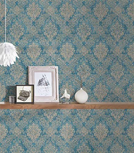 Papier peint vintage bleu turquoise & or pour salon Tapisserie à motif baroque dorée Papier peint élégant bleu avec ornement