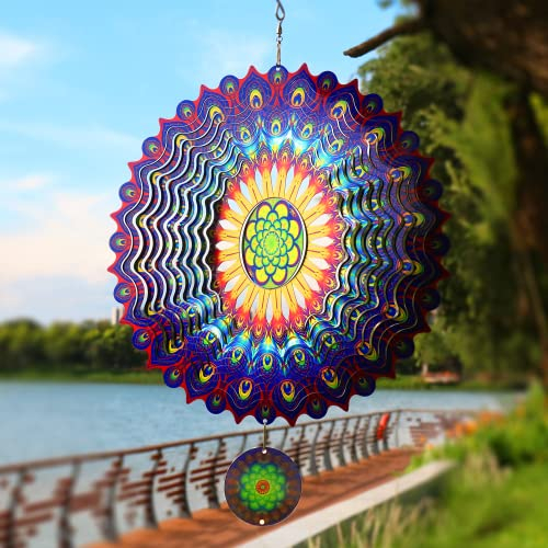 TFANUO Molinillos de viento de mandala 3D de 12 pulgadas, esculturas cinéticas colgantes de acero inoxidable, corte láser, arte de mandalas de metal, decoración colgante de estrella para interiores y