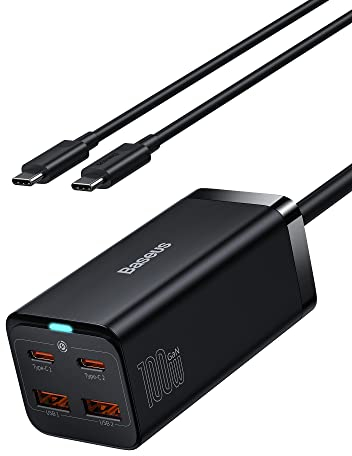 Baseus USB C Ladegerät 100 W Charger 4 Ports(2C+2U) mit 1.5 M Kabel, PD Typ C Netzteil GaN3 PPS Schnellladegerät Kompatibel mit MacBook Pro/Air iPhone 16-13 iPad Pro Laptop Samsung Galaxy S24 Ultra