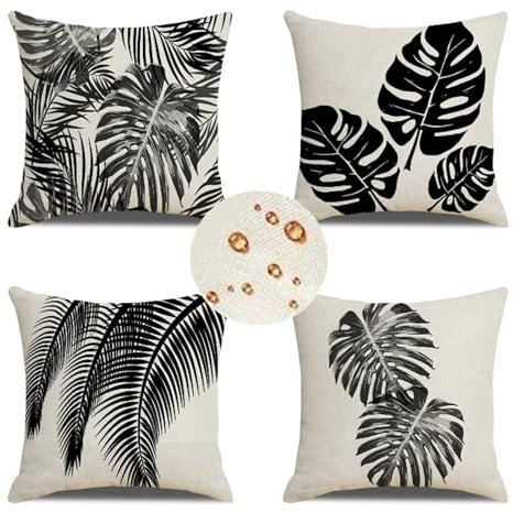 Outdoor Wetterfest Kissenbezug 40x40 cm 4er Set Schwarz Kissenbezüge Weiss Outdoor Kissen Wasserdicht Leinen Sofakissen Dekokissen für Garten Couch Terrasse Bank Stuhl Outdoor Heimdekoration Geschenke