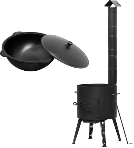 Uchag Ø49 Uchag 2 mm Acier Utschak avec cheminée Tuyau d'évacuation Utschag Four de camping 22 l Kazan Eben Kazan Cheminée Cuisine de terrain Cuisine extérieure Four à ragoût Canon à goulasch