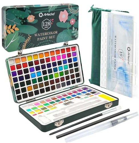 Artecho Juego de pintura de acuarela de 128 colores en caja portátil con paleta de acuarela, papeles de acuarela y pinceles, ideal para adultos, artistas y aficionados