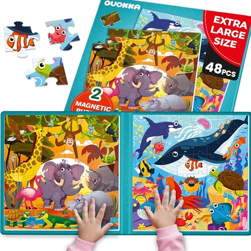 Quokka Puzzle Magnetico 3 4 Años – 2x48 Piezas Puzzle Infantil 5 6 Años – Juego Magnetico de Viaje en Coche – Rompecabezas Niños Animales Africanos y Marinos – Educativo Regalo para Niñas y Niños
