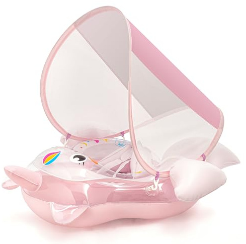 Bouée de natation gonflable pour bébé avec siège pare-soleil pour bébé de 6 à 36 mois, bouée de piscine gonflable pour bébé fille de 1 à 3 ans (licorne rose)