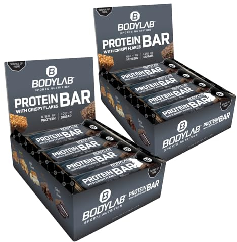 Bodylab24 Crispy Protein Bar Crispy Schokolade 24 x 65g, Protein-Riegel mit 27g Eiweiß pro Riegel, Zuckerarmer Fitness Snack, Knuspriger Eiweißriegel mit vielen Ballaststoffen