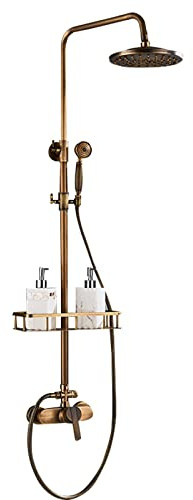 Set di finitura per doccia in stile retrò, soffione, rubinetto doccia, in ottone, nostalgico, con sistema doccia, doccetta, rame dorato, acciaio inossidabile, set doccia con testa rotonda