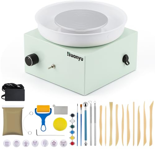 Huanyu Töpferscheibe 10cm Mini Elektrische Töpferscheibe Kleine Töpferscheibe für Anfänger 0-2000RPM Geschwindigkeit Einstellbare Keramik Töpferscheibe mit 27pcs Töpferwerkzeuge Kit (grün)