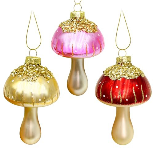 3 Stück Weihnachtskugeln Glas Rot/Gold/Rosa, Christbaumschmuck Ausgefallen Pilz, Weihnachtsdeko Amerikanisch Vintage Champagner, Weihnachtsbaum Schmuck Weihnachten Deko Glitzernde Basteln Anhänger