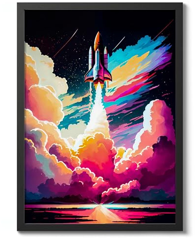 Shuttle Launch Space Poster, Colourful Abstract Astronomy Wall Art Home Decor, Astronaut Planets Print, Archival Matte, A2 (Black Frame) - 59.4x42cm