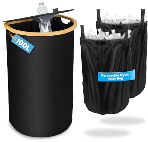MOWETOO Contenitore per bottiglie di pegno, 100 l, con 2 tasche interne, raccoglitore di bottiglie, contenitore per rifiuti e carta straccia, contenitore per riciclaggio con coperchio e foro per