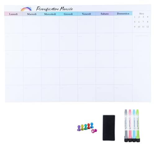 AMO HERMOSO Lavagna Calendario Magnetico Frigo A3 - Planner Mensile per Organizzazione Famiglia, Agenda Cancellabile con Kit Pennarelli e Gomma, Ideale per Lista Spesa, Menu e Appunti