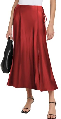MAYFASEY Women's Satin Midi Skirts High Waist Zipper Flared Elegant Long Skirt Casual A Line Silk Cocktail Skirt, Wine Red, XXL