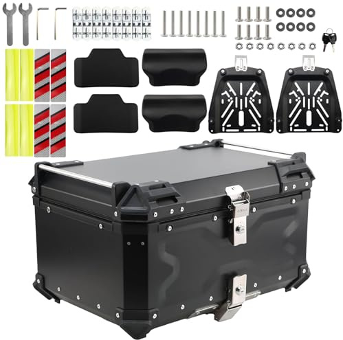 Top Case Moto, 65 L Alliage Aluminium Boîtier Supérieur avec Serrure de Sécurité Antivol et 2pcs plaques de Base, Étanche Top Box pour Casque de Rangement, Noir