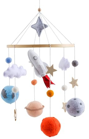 Raketen Mobile Baby mit Planeten Filzbällen, Wolke Filz Mobile Babybett Windspiele, Hängende Mobile Windspiel Spielzeug für Babybett, Neugeborenen Geschenk