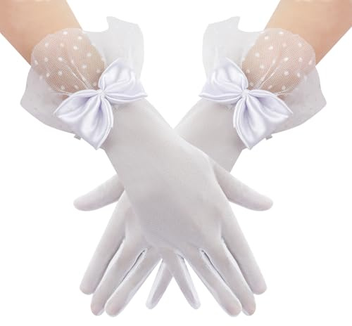 Feelorna Guantes cortos de encaje para mujer, guantes de encaje de malla con lazo, elegantes guantes de novia, guantes de ópera para banquetes, disfraces, Blanco, Talla única