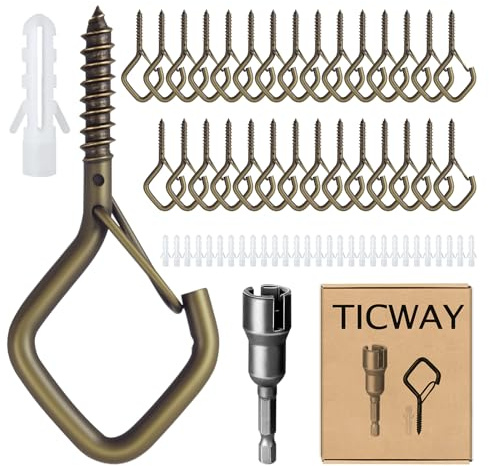 Ticway 30 Pcs Outdoor Hooks for String Lights,Screw Hooks for Hanging Plants,Ceiling Hooks with Safety Buckle,Square Hanger for Wind Chimes,Bird Feeder,Lanterns,Christmas Decorations Bronze
