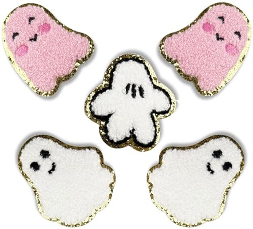 Chenille Patches for Halloween - 5PCS White & Pink Ghost Iron On Patches with Glitter Gold Border, DIY Applique for Jackets, Jeans, Backpacks, T-Shirts, Halloween Party Decor DIY Crafts for Kids