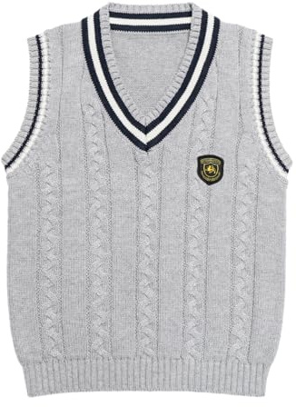 LOLANTA Chaleco de Punto para niños y niñas, suéter sin Mangas con Cuello en V, Jersey Escolar de Punto para niños(Gris Claro, 5-6 años, 120)