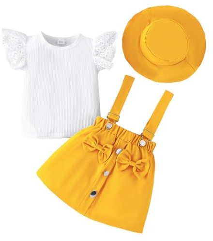 LUVCES Conjunto Bebé Niña Verano Manga Corta con Volant Acanalados Top+ Falda con Tirantes con Lazo Vestido + Sombrero 3Pcs Elegante Ropa de Verano 3Pcs Amarillo 12-18 Meses