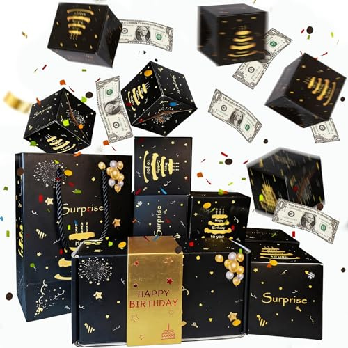 Yxelydriail Birthday Pop Up Explosion Gift Box, Black Gold Surprise Explosion for Money, Folding Bouncing Cash Boxes Money with 10 Jumping Boxes for Kids Boys Men Dad (Black Gold)