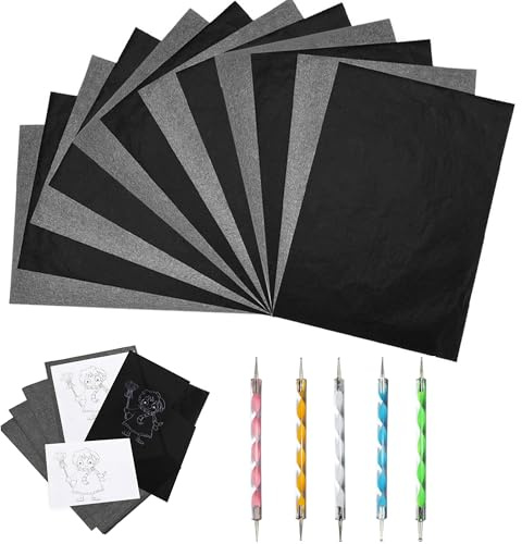 WDEC 200 Hojas Papel de Carbón A4, Papel Transfer, Papel de Grafito Negro, Papel de Carbono, con 5 Lápices de Relieve, Papel de Transferencia de Carbono para Trazar Patrones de Dibujo en Proyectos