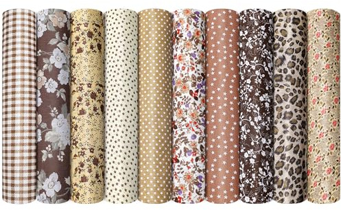 VIRETH HAUS Set da 10 Tessuti in Cotone, 50 x 50 cm Stoffe per Cucito, 100% Puro Cotone Pacchi di Tessuto Patchwork, Tessuti per Quilting, Fai da Te, Artigianato e Abbigliamento per Bambole (Marrone)