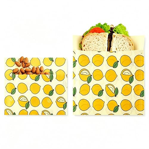 Rusokufo Set 2 Bolsas Snack Cera De Abeja Reutilizables, Algodón Orgánico, Solución Práctica para Frutas Y Pan, Uso Diario Portátil Y Lavable, Alternativa Sin Plástico, Diseño Lemon