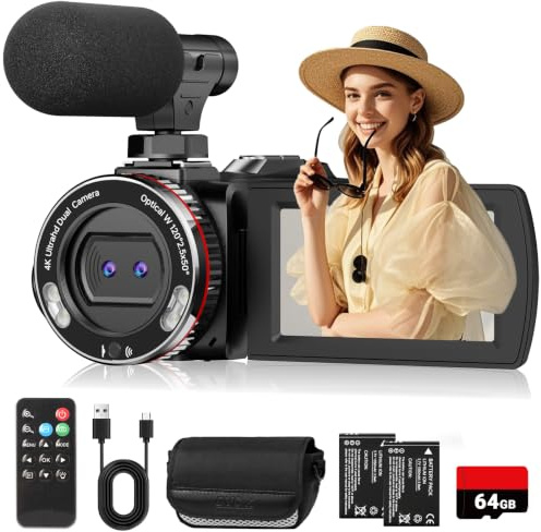 4K 64MP Dual Lens Video Camcorder for Vlogging YouTube, 3.0 Flip Screen Digital Camera Recorder, 18X Digital Zoom Camcorder Kit with External Stereo Microphone, Remote, 64GB Card & 2 Batteries
