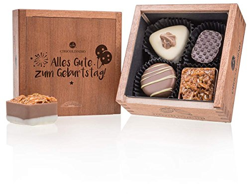 CHOCOLISSIMO - Pralinen Geschenk zum Geburtstag - Kleines Geburtstagsgeschenk für Frauen, Männer, in Holzbox - mit Alkohol - Alles Gute zum Geburtstag, Schokolade Geschenk, Geschenkidee